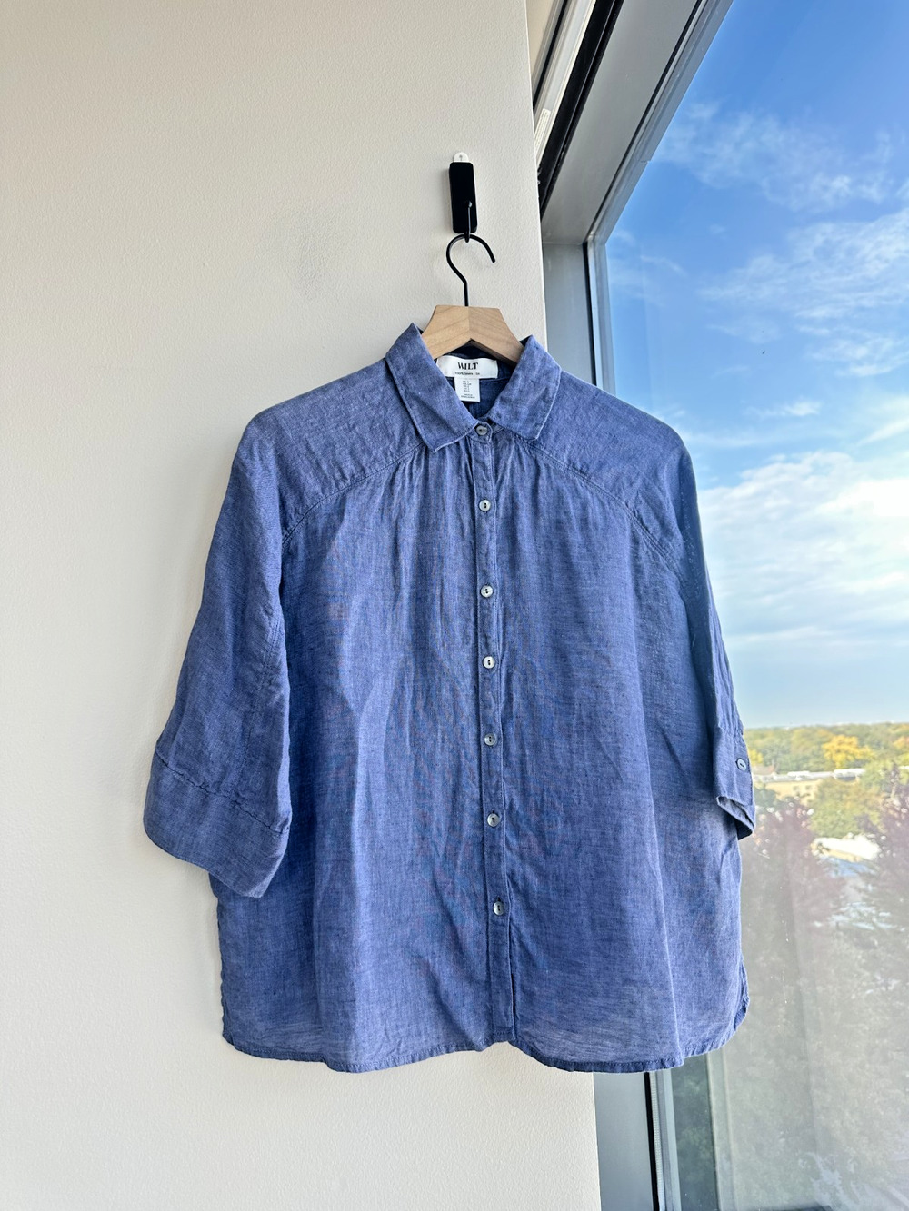 WILT 100% Linen Relaxed Coastal Boxy Short Sleeve Blue Button Down Sz S